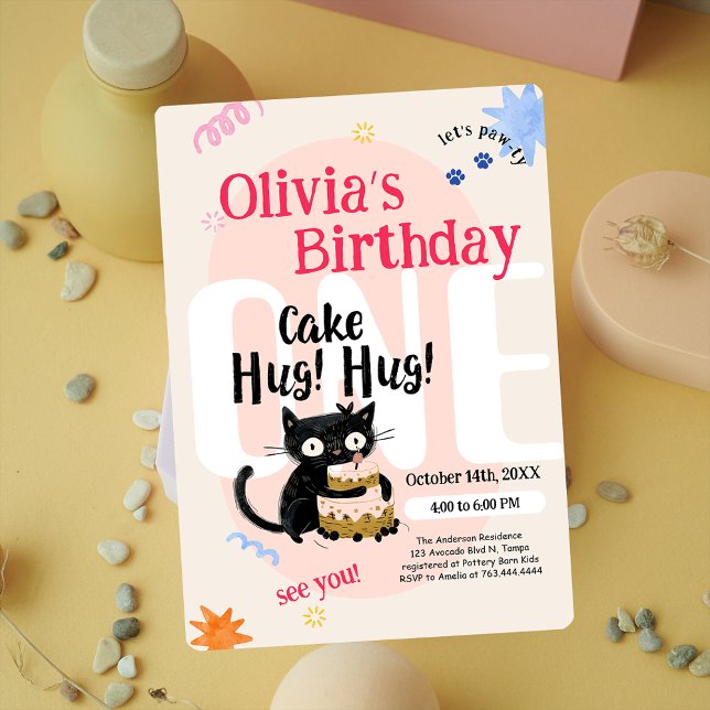 Convites Festa de primeiro aniversario de Gato Negro (Cute Black Cat 1st Birthday Party Invitation)