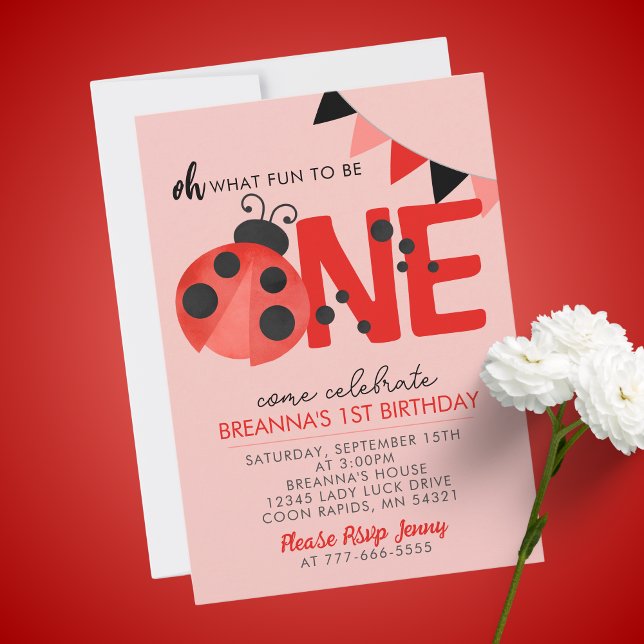 Convites Festa de primeiro aniversario de Ladybug da Sweet  (Oh What Fun to Be One Light Salmon Pink and Red 1st Birthday Invitation)