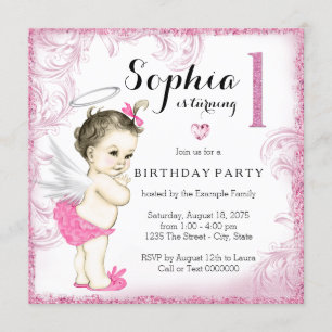 Convites Festa de Primeiro Aniversário de Menina Anjo Rosa