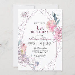 Convites Festa de primeiro aniversario de Meninas Geométric