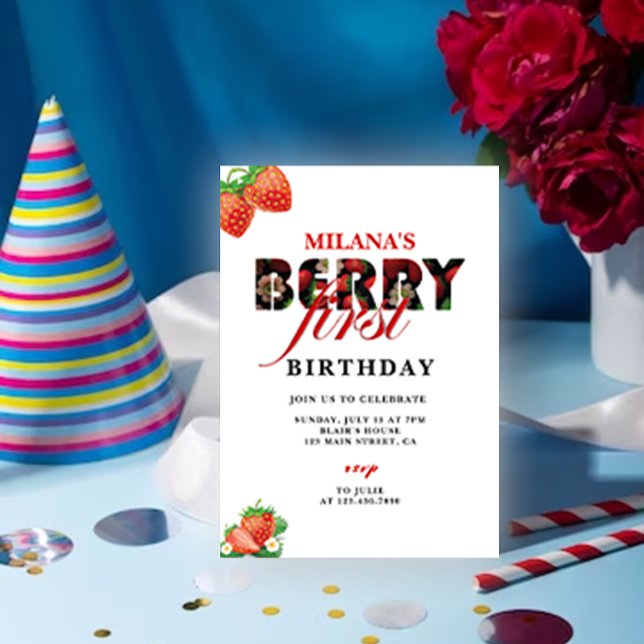 Convites Festa de primeiro aniversario de Morango | Berry F (Berry first 1st Birthday invitation card mockup)