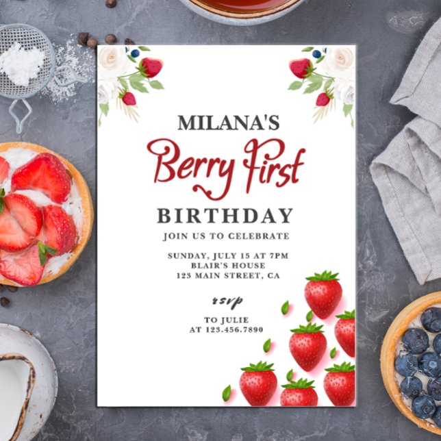 Convites Festa de primeiro aniversario de Morango | Berry F (Berry First Birthday card)