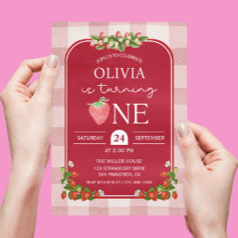 Convites Festa de primeiro aniversario de Morango Vermelho