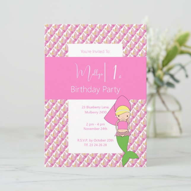 Convites Festa de primeiro aniversario de Sereia, Princesa  (Em pé/Frente)