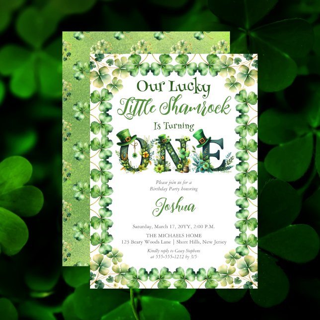 Convites Festa de primeiro aniversario de Shamrock ("Our Lucky Little Shamrock" St. Patrick's Day-Themed "ONE" 1st Birthday Party Invitation )