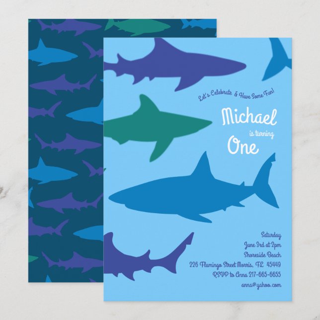 Convites Festa de primeiro aniversario de Tubarões (Frente/Verso)