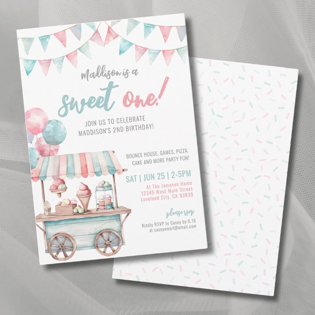 Convites Festa de primeiro aniversario de Verão de Sorvete  (Fun Ice Cream Summer 1st Birthday Party Invitation)