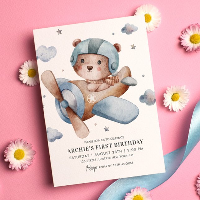 Convites Festa de primeiro aniversario do Avião do Urso Cor (Bear Teddy Boy first birthday invitation cute illustration bear on the plane cute kids invitations)
