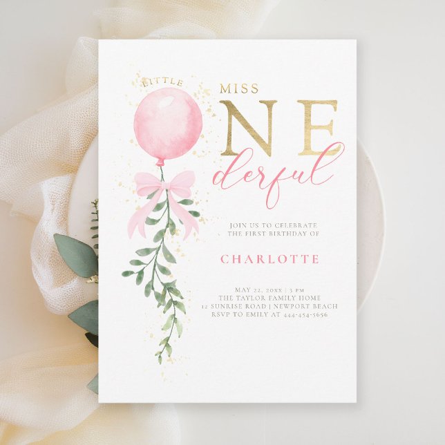 Convites Festa de primeiro aniversario do Balão de Arco Ros (little miss onederful girls 1st birthday invite pink balloon bow greenery watercolor elegant gold)