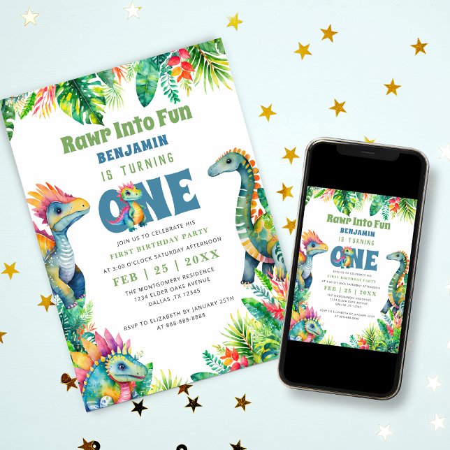Convites Festa de primeiro aniversario do Dinossauro Tropic (Criador carregado)