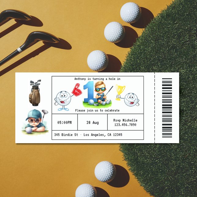 Convites Festa de primeiro aniversario do Estilo de Bilhete (Boy Golf Ticket Style 1st Birthday Party Invitation)