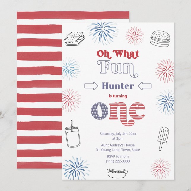 Convites Festa de primeiro aniversario do Fireworks em 4 de (Frente/Verso)