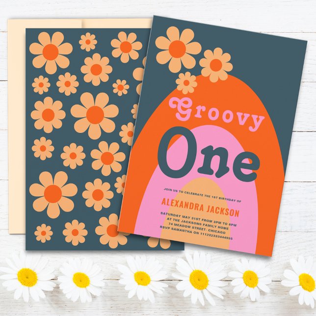Convites Festa de primeiro aniversario do Groovy One Retro  (Groovy one daisy arch 1st birthday party invitation pink orange yellow navy blue 70s hippie vibe)