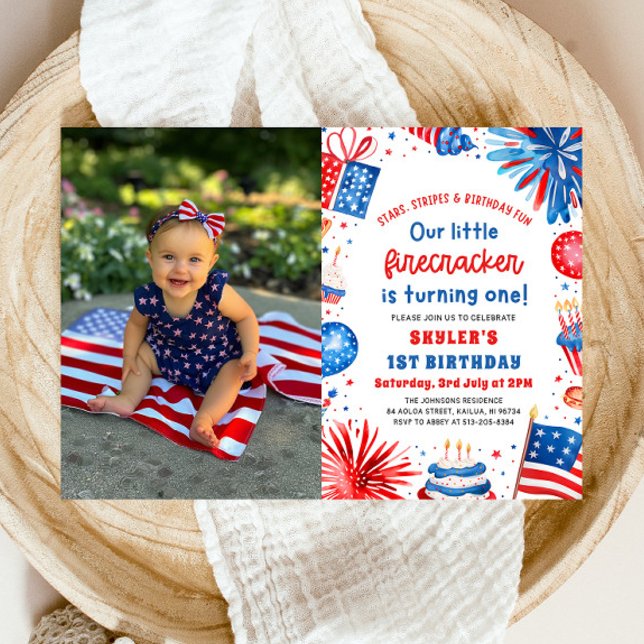 Convites Festa de primeiro aniversario do Pequeno Firecrack (Watercolor Patriotic Little Firecracker 4th of July 1st Birthday Party Invitation)