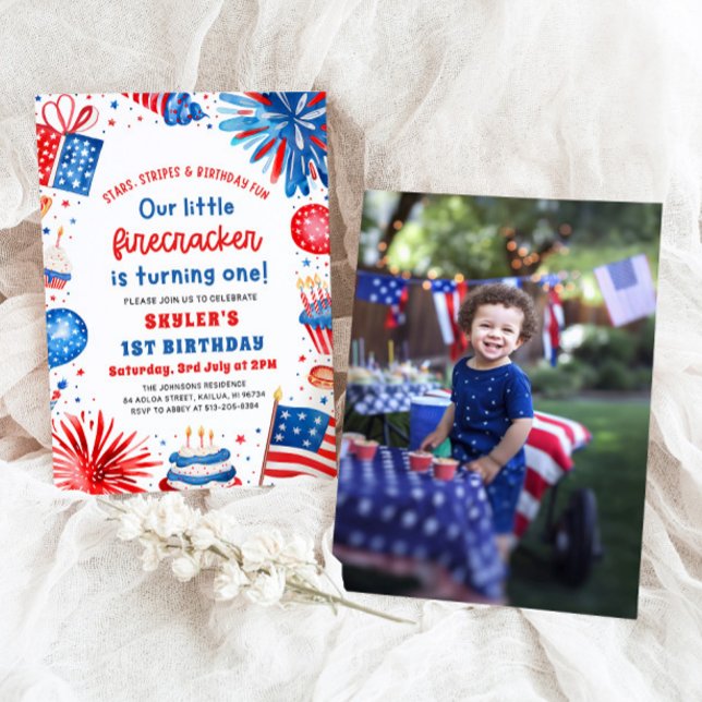 Convites Festa de primeiro aniversario do Pequeno Firecrack (Watercolor Patriotic Little Firecracker 4th of July 1st Birthday Party Invitation)