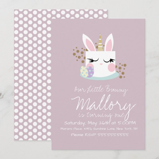 Convites Festa de primeiro aniversario do Unicórnio Bolo Bo (Frente/Verso)