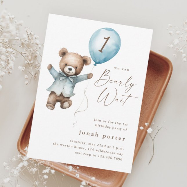 Convites Festa de primeiro aniversario dos Bear Boys de Ted (Teddy Bear Blue Balloon Boys 1st Birthday Party Invitation)