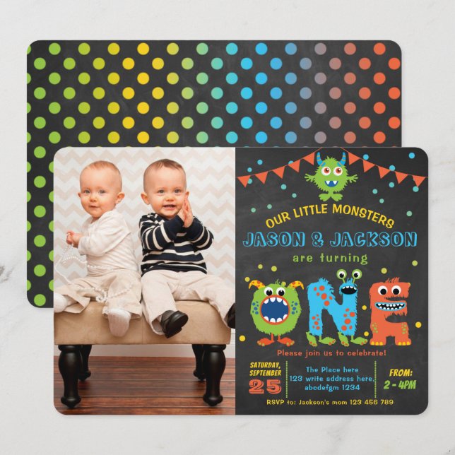 Convites Festa de primeiro aniversario dos gêmeos monstros  (Frente/Verso)