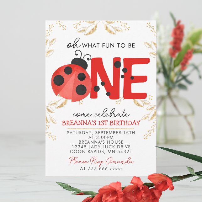 Convites Festa de primeiro aniversario Dourada Watercolor L (Oh What Fun to Be One Gold Glitter on White with Red and Black Accents 1st Birthday Invitation)