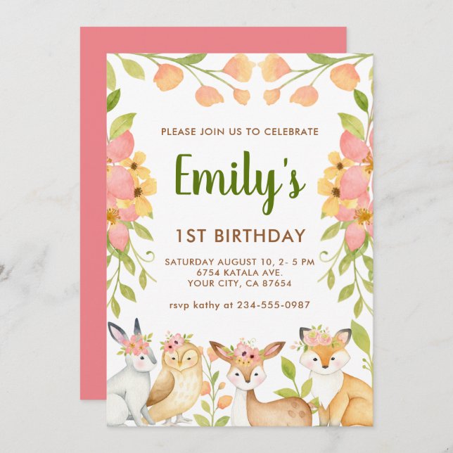 Convites Festa de primeiro aniversario Floral de Animais da (Frente/Verso)