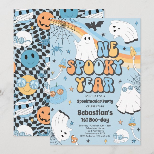 Convites Festa de primeiro aniversario Ghost Cute em Groovy (Frente/Verso)