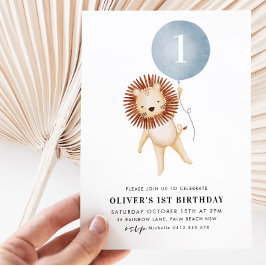 Convites Festa de primeiro aniversario Lion Blue Balloon Bo