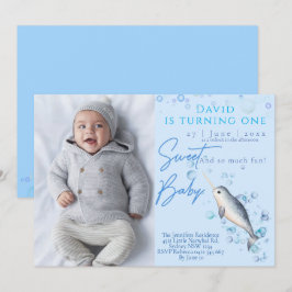 Convites Festa de primeiro aniversario Narwhal, um bebê ado