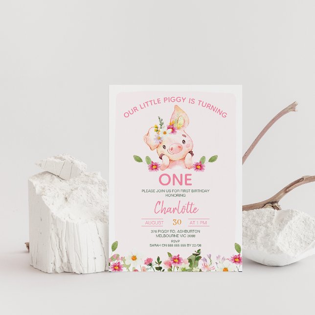 Convites Festa de primeiro aniversario Rosa, Flores Selvage (Editable Pig Birthday Invitation, Little Piggy 1st Birthday Invite, Little pig, Pink Floral Piggy )
