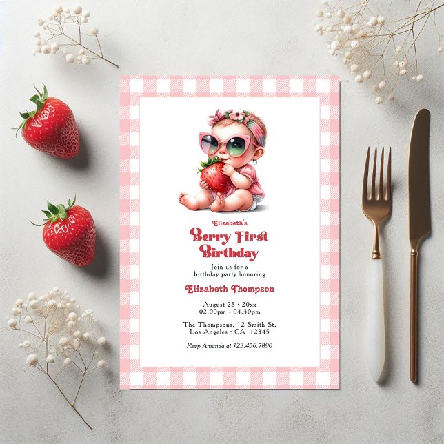 Convites Festa de primeiro aniversario Rosa Gingham e Straw (Pink Gingham & Strawberry Berry 1st Birthday Party Invitation)
