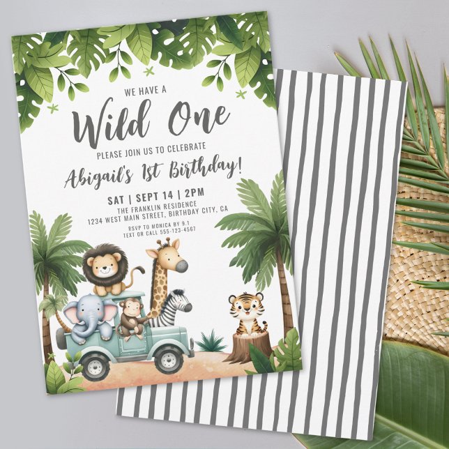 Convites Festa de primeiro aniversario Safari Selvagem de A (Wild One Jungle Safari 1st Birthday Party Invitation)