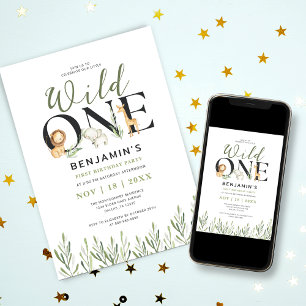 Convites Festa de primeiro aniversario Selvagem de Animais 