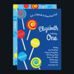 Convites Festa de primeiros aniversarios Lollipop Candy Kid<br><div class="desc">Esses convites de aniversário bonitinhos lindos, coloridos e bonitos, são perfeitos para uma celebração de primeiro aniversario para crianças! Personalize o texto para torná-lo seu. A aparência moderna e a sensação são a forma perfeita de celebrar a sua pequena que adora idiotas, idiotas e a loja de doces no seu...</div>