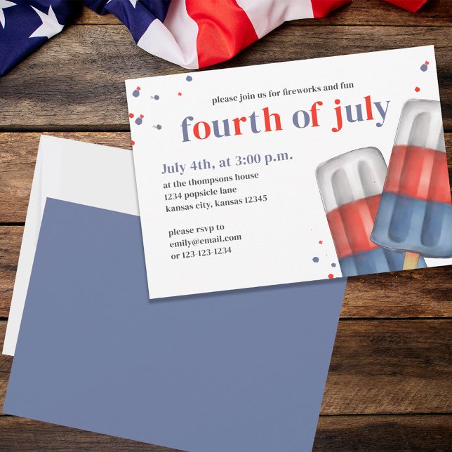 Convites Festa de Psicle, 4 de julho (Fourth of July party invitation with red, white, and blue popsicles. )