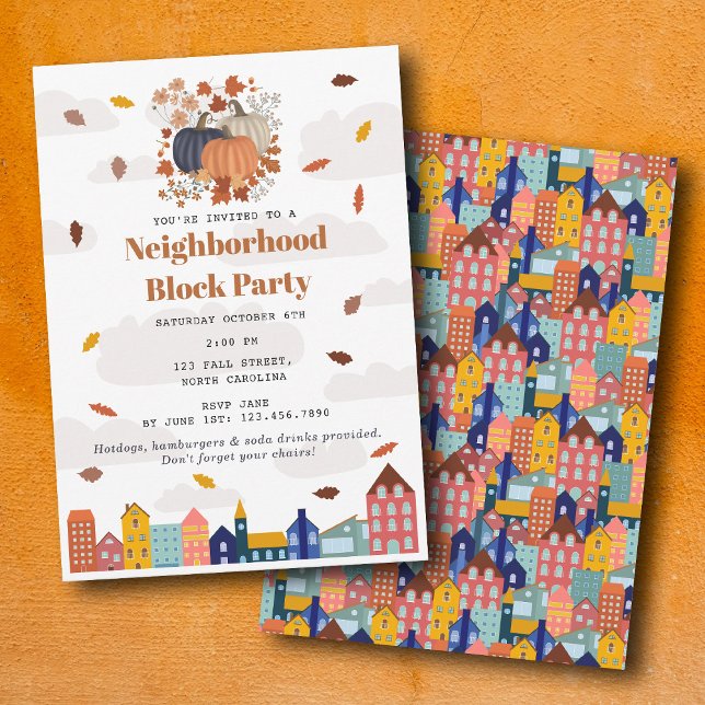 Convites Festa de Quarteirão de Outono de Abóbora (Fall Autumn Pumpkins Neighborhood Block Party Invitation)