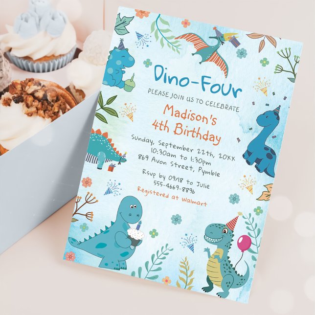 Convites Festa de Quarto Aniversário do Dinossauro Bonito D (Criador carregado)