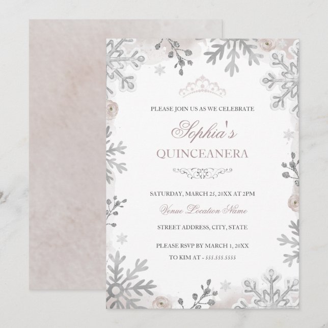 Convites Festa de Quince Anos Blush Winter Wonderland (Frente/Verso)