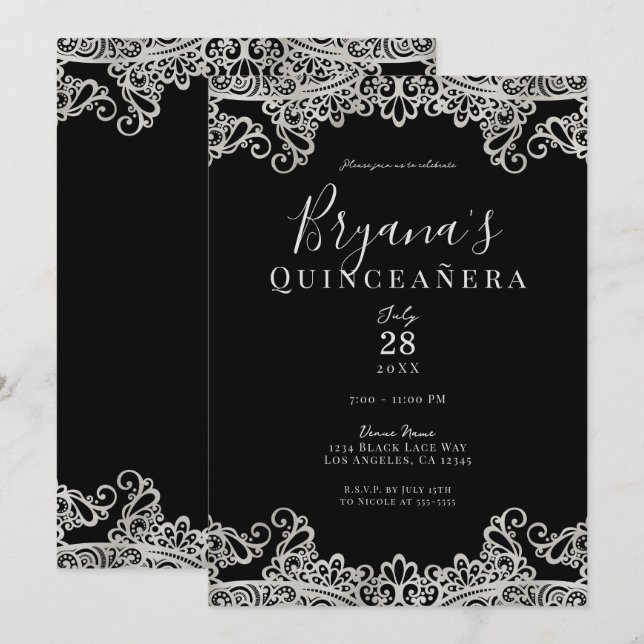 Convites Festa de Quince Anos Elegante com Renda Preta e Pr (Frente/Verso)
