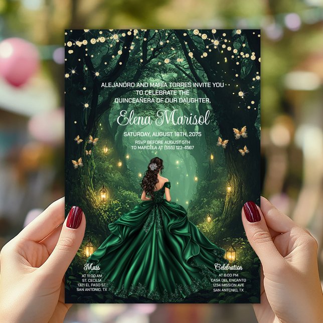 Convites Festa de Quince Anos Floresta Encantada (Enchanted forest Quinceañera invitation with elegant gown, butterflies, lanterns. Add your details.)