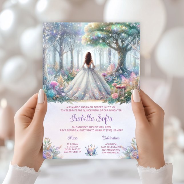 Convites Festa de Quince Anos Floresta Encantada Pastel (Enchanted forest invitation with beautiful back view. All text can be changed as needed.)