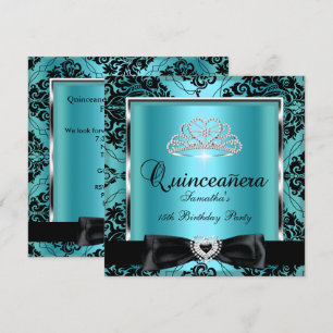 Convites Festa de Quince Anos Teal Damask Prata Preto