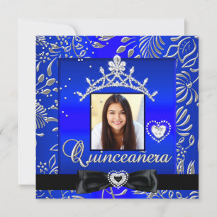 Convites Festa de Quinceanera 15 Anos Azul Prata Damask Fot
