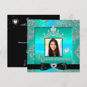 Convites Festa de Quinceanera 15 Anos Teal Prata Damask Fot