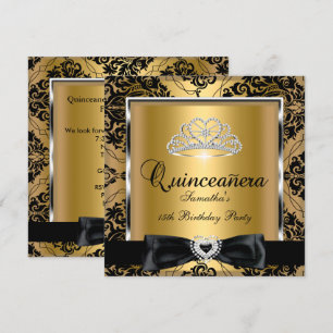 Convites Festa de Quinceanera 15 Dourado Damask Prata Preto