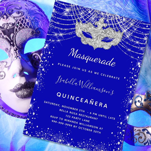 Convites Festa de Quinceanera azul-mascarada (Criador carregado)