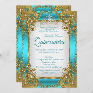 Convites Festa de Quinceanera Blue Teal Ouro Pearl Tiara