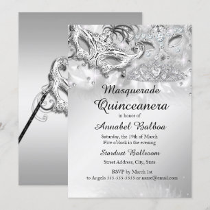 Convites Festa de Quinceanera com Brilho de Prata Mascarada