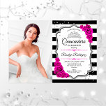 Convites Festa De Quinceanera Com Foto - Prateado Cor-De-Ro<br><div class="desc">Quinceanera convite de festas com sua foto. Apresenta faixas brancas pretas,  fontes de script,  rosas cor-de-rosa fuchsia,  tiara e confetti. Design branco preto clássico,  cor-de-rosa,  com prata brilhante falso. Perfeito para uma celebração elegante.</div>