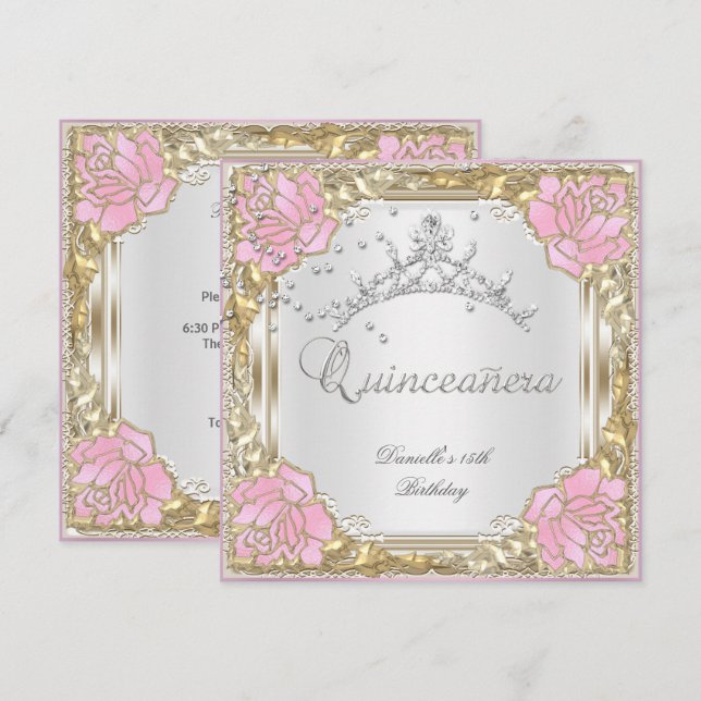 Convites Festa de Quinceanera de 15 anos Soft Branco Rosa (Frente/Verso)