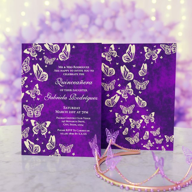 Convites Festa de Quinceanera de Borboleta Dourada e Roxa d (Luxury Purple and Gold Butterfly Quinceanera Party Invitation)