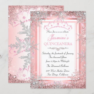Convites Festa de Quinceanera de Inverno Prateado Rosa
